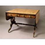 REGENCY MAHOGANY SOFA TABLE the top with crossbanding above two true and two false drawers, lyre