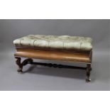 VICTORIAN STYLE MAHOGANY AND LEATHER UPHOLSTERED STOOL the hinged button seat on scrolling
