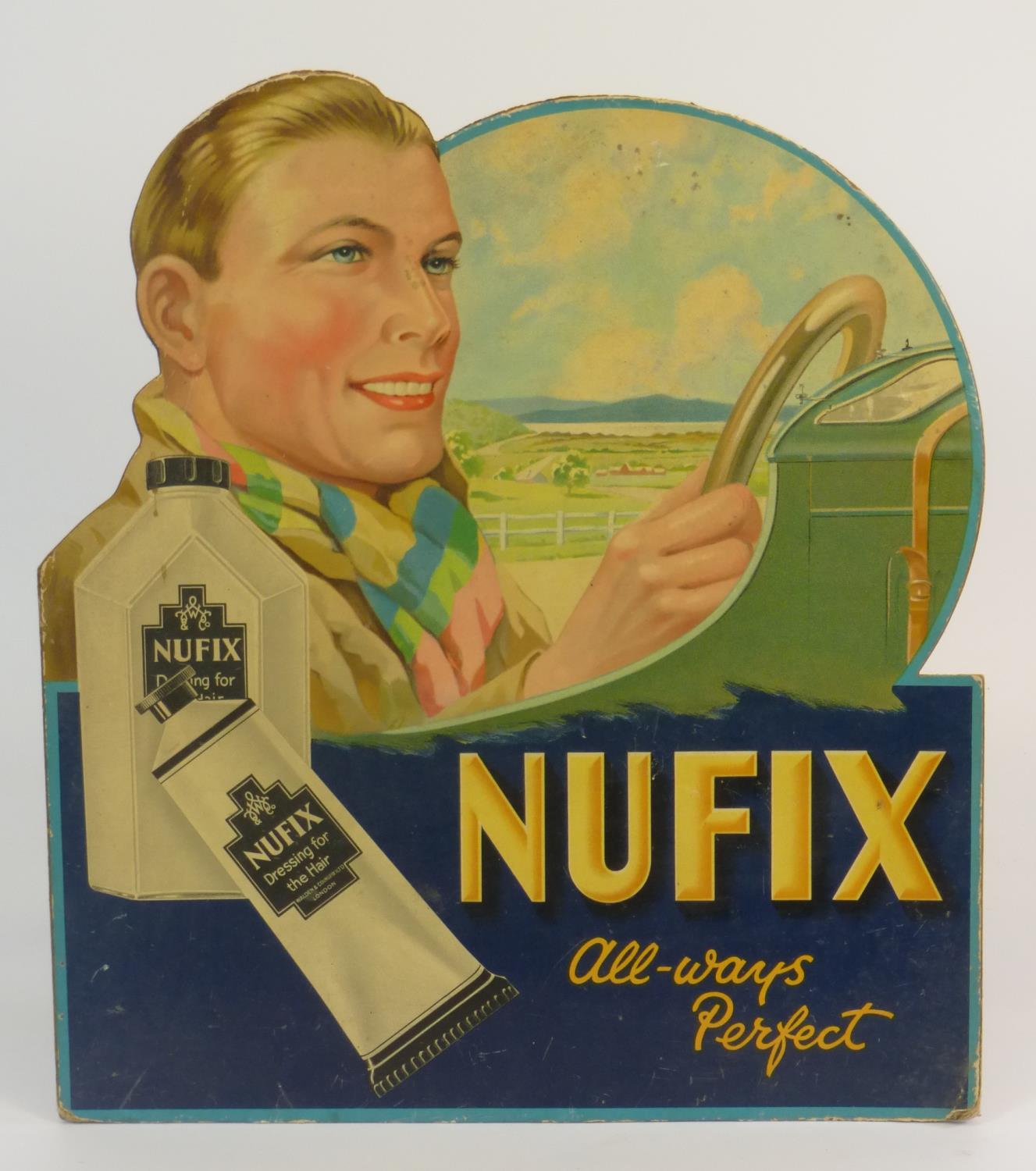 Nufix Hair Dressing. A colour-printed advertising card depicting a driver in his open-top sports