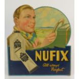 Nufix Hair Dressing. A colour-printed advertising card depicting a driver in his open-top sports