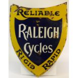 Three-Colour Enamel Sign. 'Raleigh Cycles' double-sided hanging sign, some edge chipping, the body