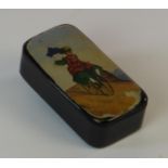 Snuff Box. A small papier-mache box with a blind hinge to the lid, itself with a colour depiction of