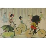 Golliwogs Bicycle Club. A colour print by Florence Upton of two bicycle riders and a tricycle rider,