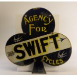 Three-Colour Enamel Sign. 'Agency For Swift Cycles'. A double-sided hanging sign, some chipping