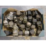 Bicycle Lamps. A box of 22 assorted oil and acetylene gas-powered bicycle lamps, various