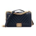 Lambskin Chevron Navy Boy Bag Small, Chanel