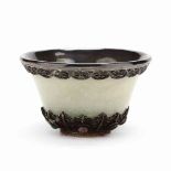 A Chinese Mongolian Silver Mounted Jade Cup