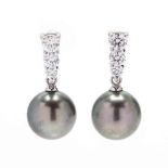 18KT White Gold, Tahitian Pearl, and Diamond Drop Earrings, Mikimoto