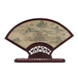 A Chinese Painted Fan Mounted in Carved Wooden Frame