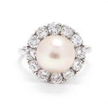 Vintage 18KT White Gold, Pearl, and Diamond Ring