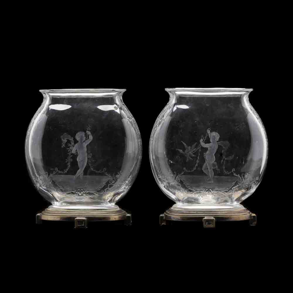Baccarat, Pair of "Rock Crystal" Engraved Mantel Vases