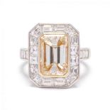 Platinum, 18KT Gold, and Emerald Cut Diamond Ring, Sophia. D
