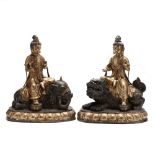 A Pair of Chinese Gilt and Patinated Bronze Bodhisattvas