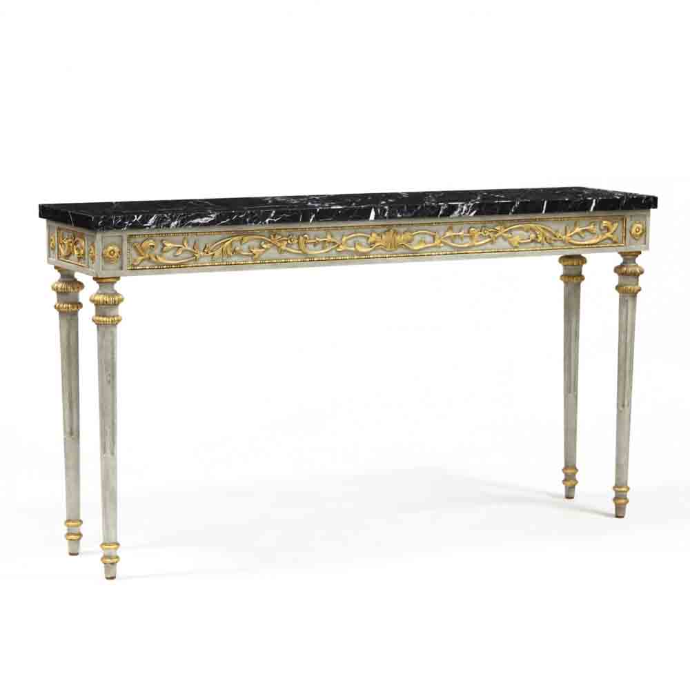 Theodore Alexander, Louis XVI Style Carved and Gilt Marble Top Console Table