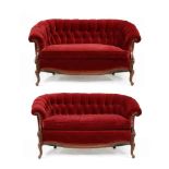 Pair of American Rococo Style Red Velvet Tufted Settees