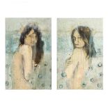 RenÃ© RabadÃ¡n Nishimura (Mexican, 20th/21st Century), A Pair of Paintings, Woman Looki