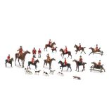 Hand-Painted Enameled Fox Hunt Group of Horsemen, Hounds & Fox