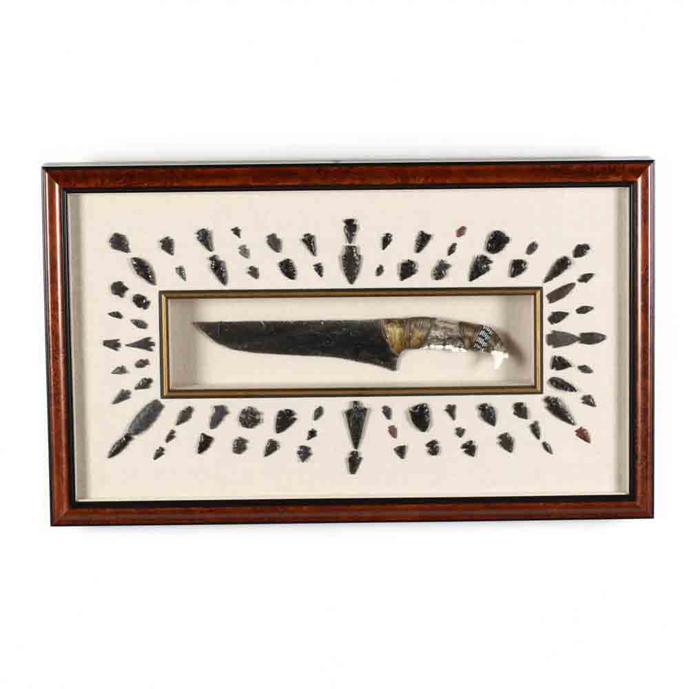 Shadowbox Frame Display of (79) Obsidian Arrowheads and an Obsidian Knife