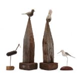 Two Shorebird Decoys and Two Carved Songbirds with Stands