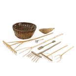 Large Woven Oak Splint Basket with Eight Wooden Implements