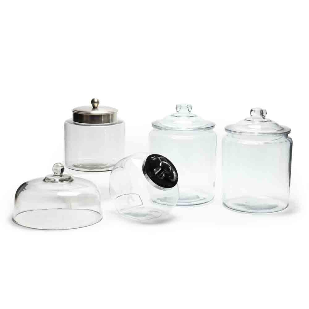 Five Clear Glass Lidded Countertop Containers