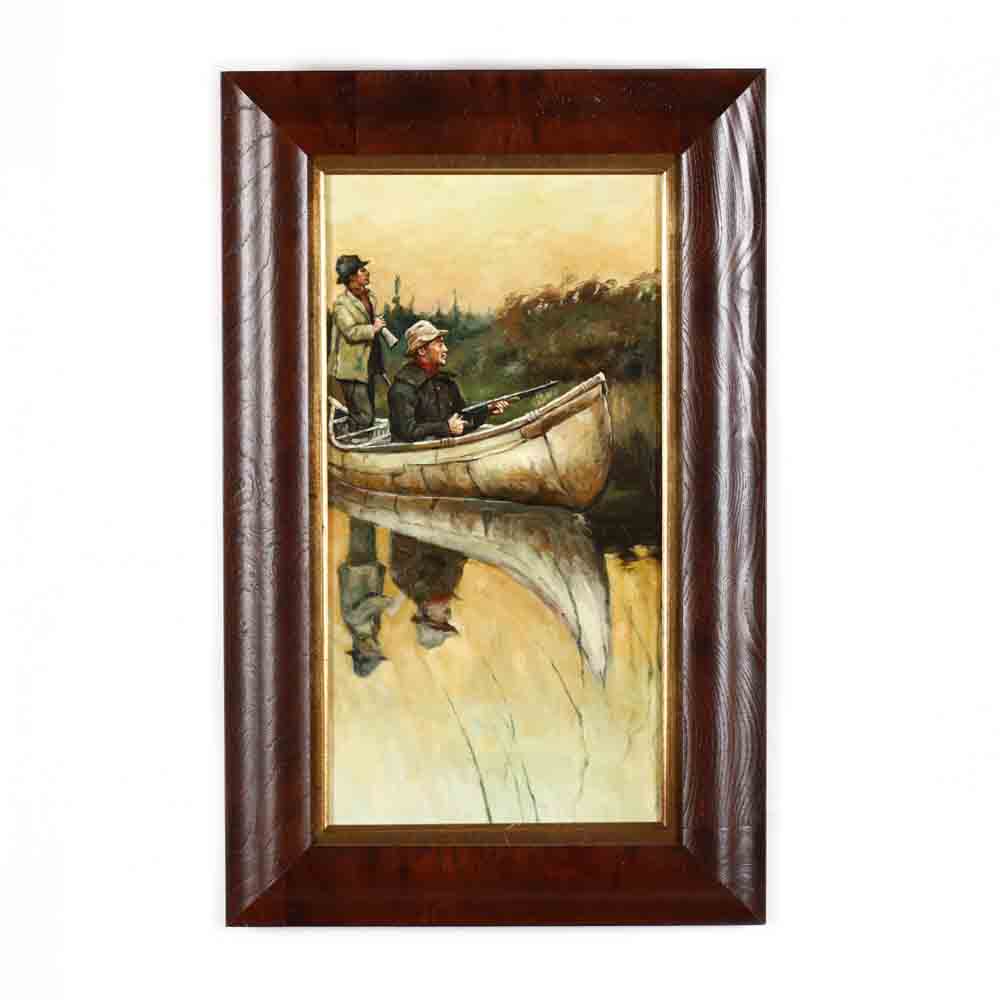 A Contemporary Painting of Duck Hunters in a Canoe