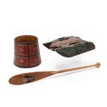 Painted Wooden Bucket, Miniature Canoe Paddle and Toy Sled