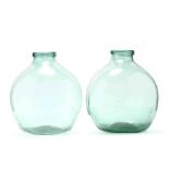 Two Large Green Glass Demijohn Bottles