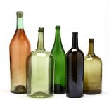 Five Large Green Glass Wine Bottles