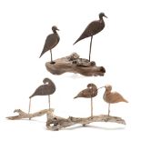 Two Pieces of Driftwood Mounted with Five Shore Birds