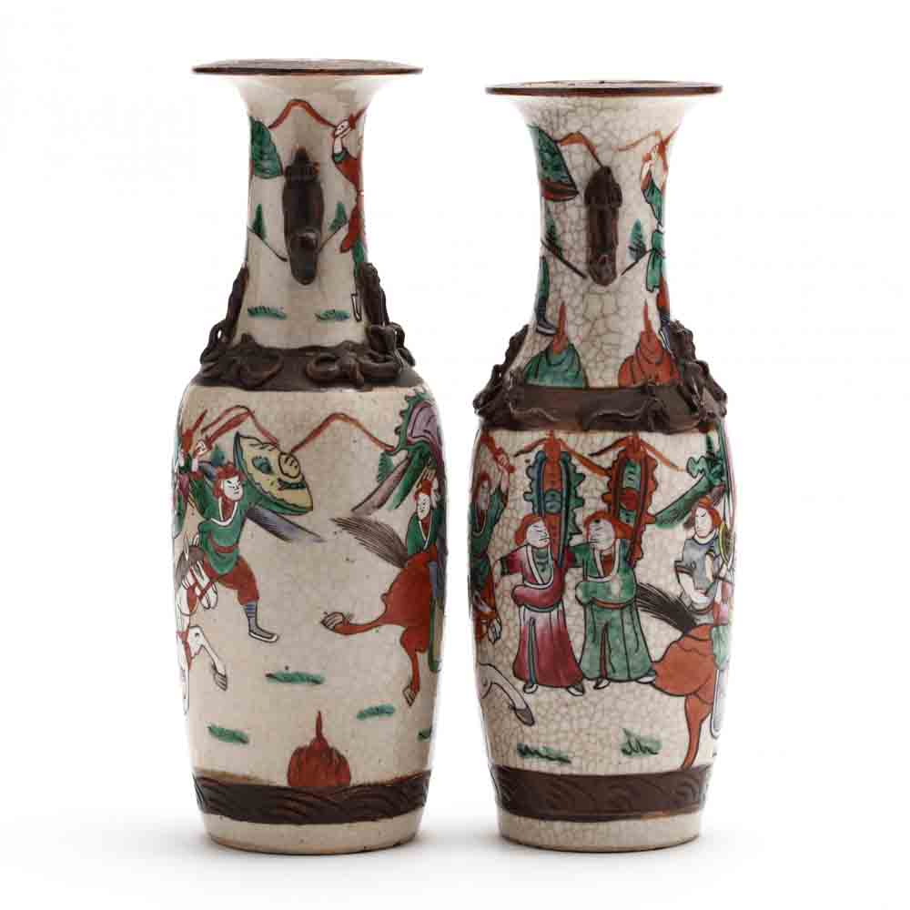 A Matched Pair of Chinese Crackle Vases with Warriors - Image 4 of 7