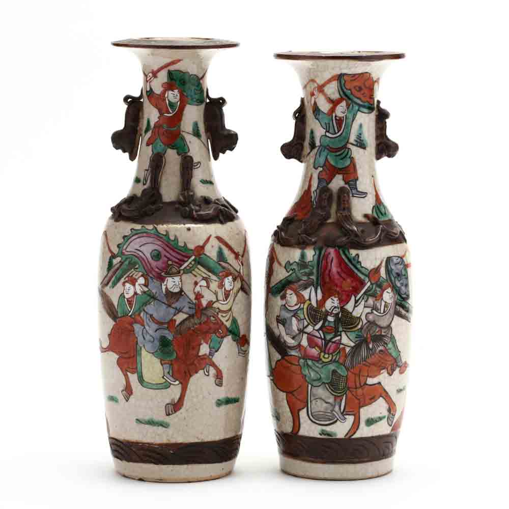 A Matched Pair of Chinese Crackle Vases with Warriors - Image 3 of 7