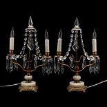 Pair of French Gilt Metal and Onyx Drop Prism Mantel Lamps