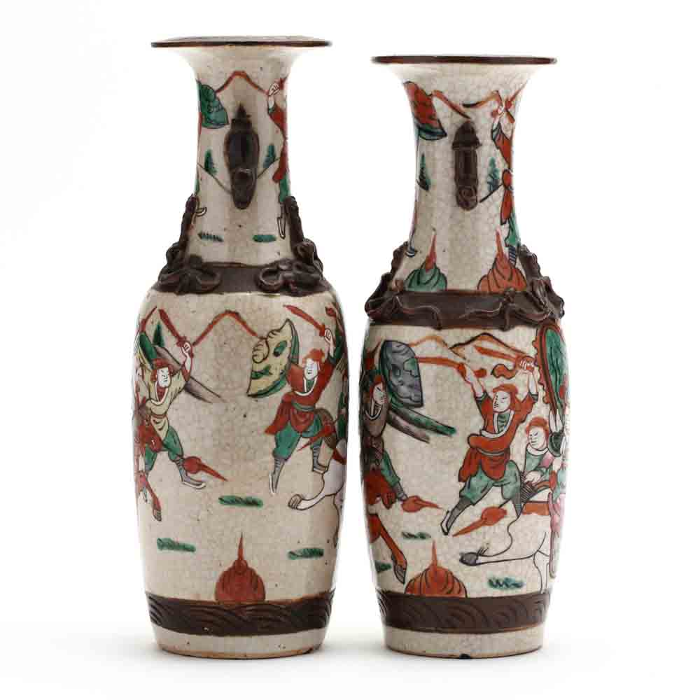 A Matched Pair of Chinese Crackle Vases with Warriors - Image 2 of 7