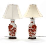 A Pair of Chinese Porcelain Foo Lion Vase Lamps