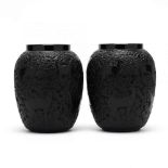 Lalique, Pair of Biches Crystal Noire Vases