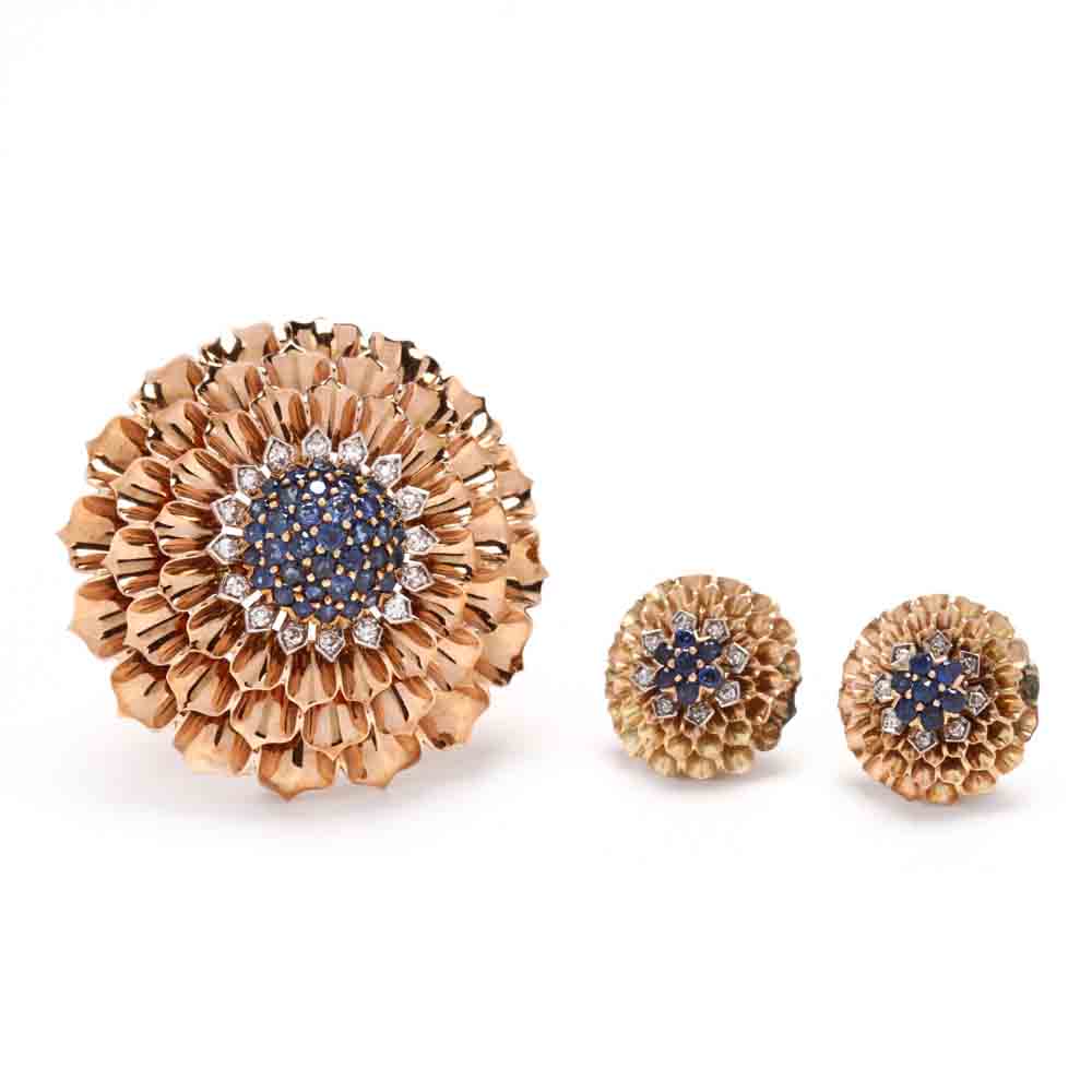 14KT Gold, Sapphire, and Diamond Brooch and Earrings