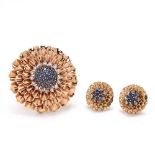 14KT Gold, Sapphire, and Diamond Brooch and Earrings