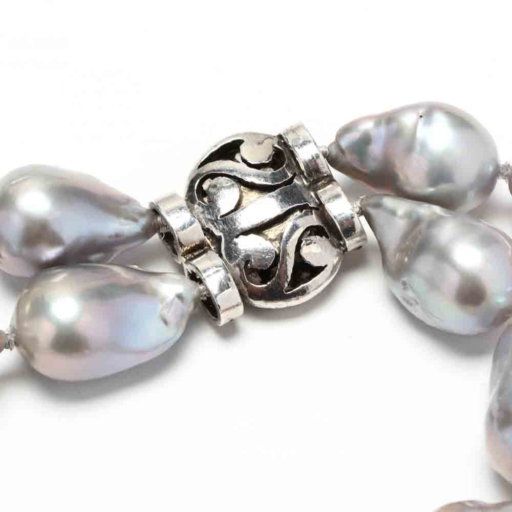 Double Strand Baroque Pearl Necklace with Silver and Diamond Set Clasp - Image 4 of 4