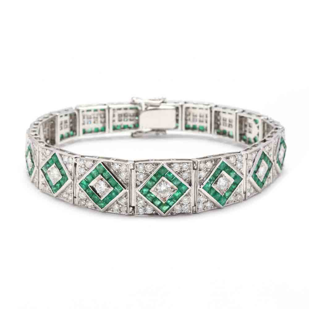 Vintage 18KT White Gold, Emerald, and Diamond Bracelet