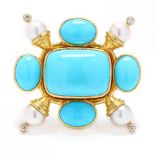 18KT Gold, Turquoise, Pearl, and Diamond Pendant / Brooch, Elizabeth Locke