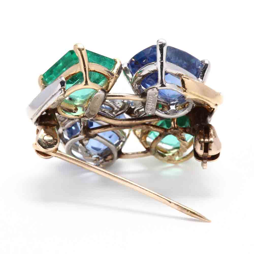 Platinum and Gold, Sapphire, Emerald, and Diamond Brooch, signed - Image 3 of 4