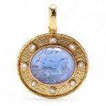 19KT Gold and Cerulean Blue Venetian Glass Intaglio Pendant, Elizabeth Locke