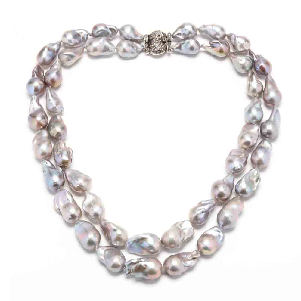 Double Strand Baroque Pearl Necklace with Silver and Diamond Set Clasp