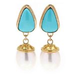 18KT / 22KT Gold, Turquoise, and Pearl Earrings