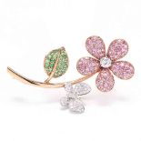 18KT Bi-Color Gold and Gem-Set Flower Brooch, signed