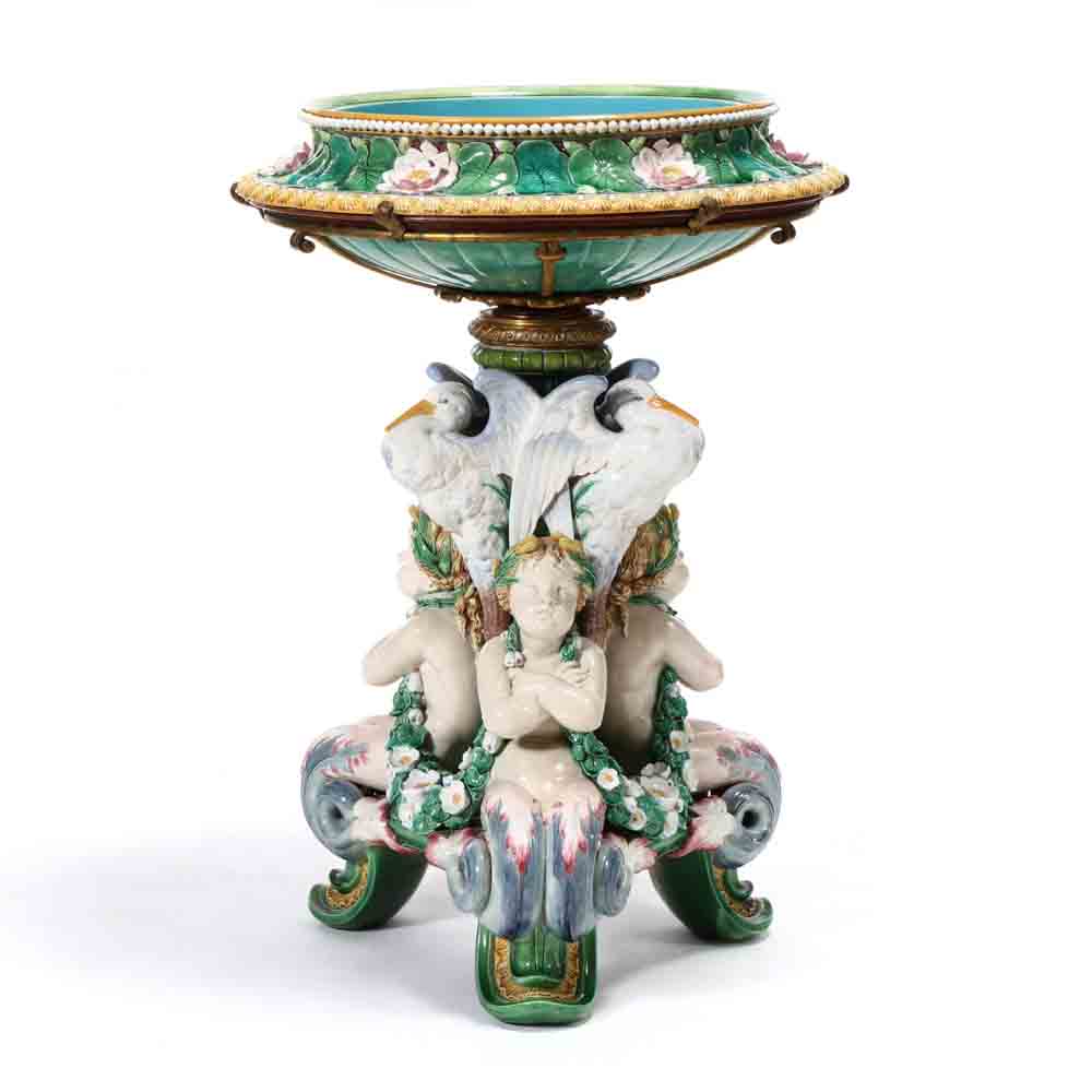 An Important Minton Ormolu Mounted Majolica Jardiniere and Pedestal