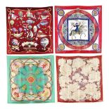 A Group of Four Vintage Hermes Silk Scarves