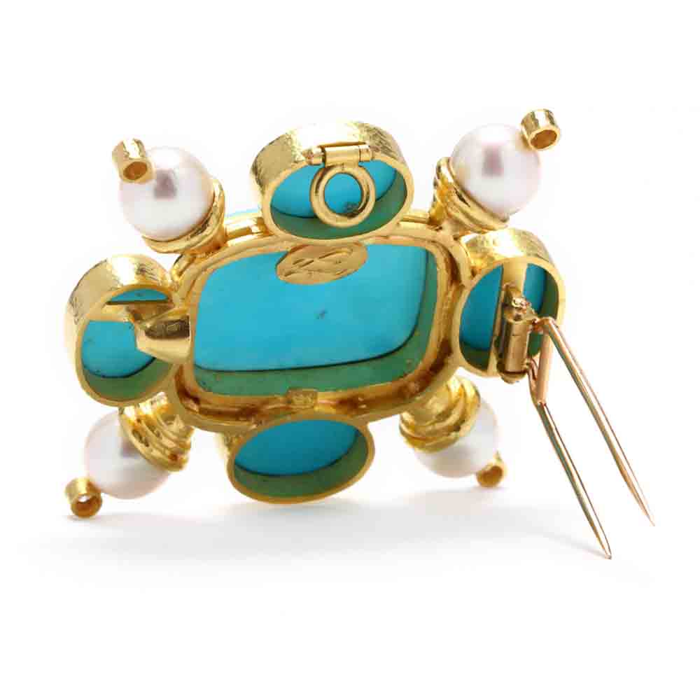 18KT Gold, Turquoise, Pearl, and Diamond Pendant / Brooch, Elizabeth Locke - Image 3 of 4