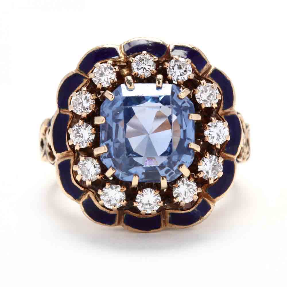 Gold, Sapphire, Diamond, and Enamel Ring